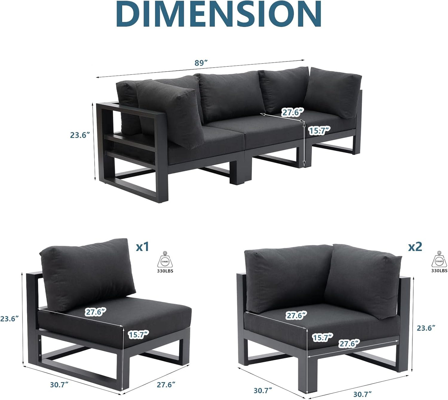 Modern 3 Seater Sofa Outdoor Sectional Sofa Set Patio Conversation Sofa Sets for Garden Backyard, Dark Grey Cushions