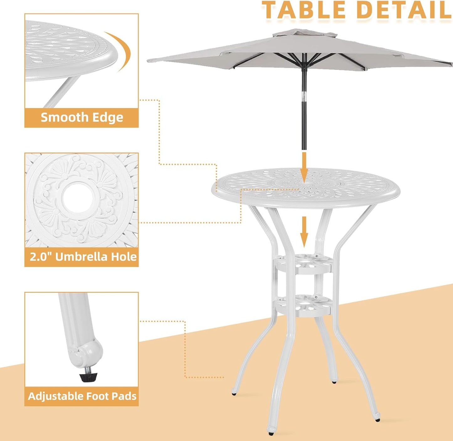 3 Pieces Patio Swivel Bar Set, Patio High Top Bar Table and Chairs Set, All-Weather Cast Aluminum High Swivel Bar Stools Chair Set of 2 and 31" Table, Patio Bistro Set for Garden,White