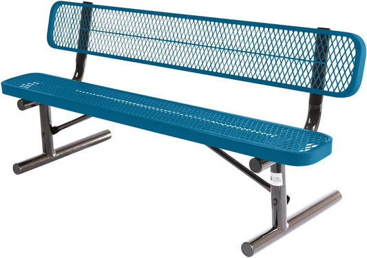 Heavy-Duty Portable Outdoor Bench Thermoplastic Coated, Expanded Metal, Commercial-Grade Seating, Made in America (Portable with Back, 6 Ft, Light Blue)
