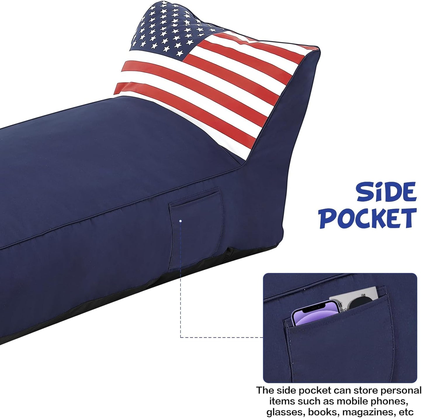 Outdoor Chaise Lounge Chair, Sunbed UV Resistant American Flag Sofa Couch Patio Waterproof Outside Sunlounge Reclining Sunbathing Bed Comfy Single Chaise Daybed for Garden, Pool, Beach, Navy Blue