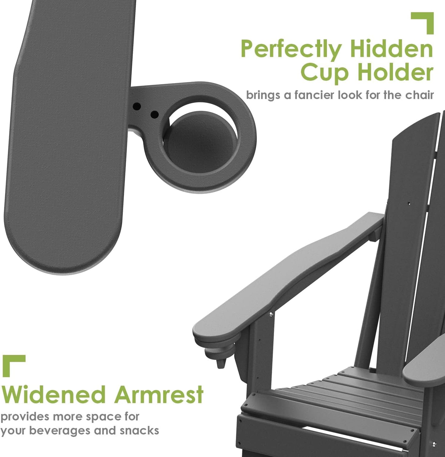 GREENVINES Folding-Adirondack-Chairs-Set-of-2 | HDPE Plastic | Fire Pit Chair | All Weather | Cup Holder | Grey | for Deck Backyard Patio Outdoor Garden