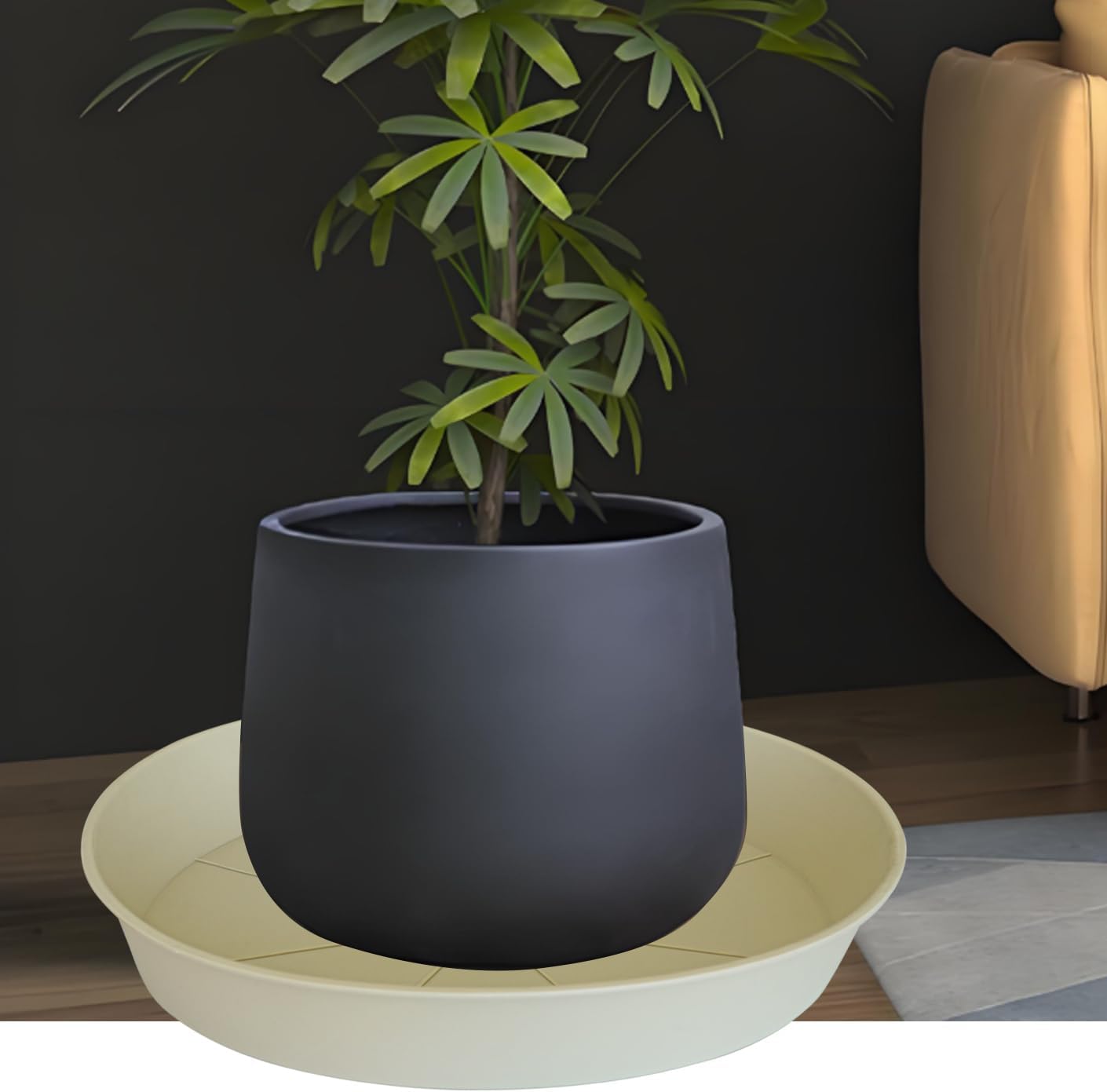 4 Pack of 18 19 inch Plant Saucer Drip Tray (16.6 inch Base), Heavy Duty Deep Plant Saucers for Pots, Plastic Flower Planter Water Trays for Indoors Outdoor (19", Beige)