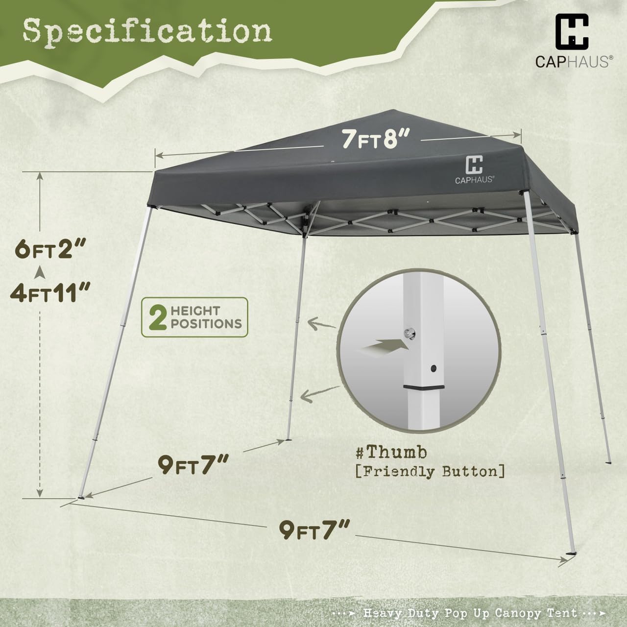 CAPHAUS One-Push Pop Up 8x8 Canopy Tent, Heavy-Duty Commercial Grade with Central Lock, Portable Instant Folding Shelter with10x10 Base, Perfect for Outdoor Beach Canopy, Dark Grey