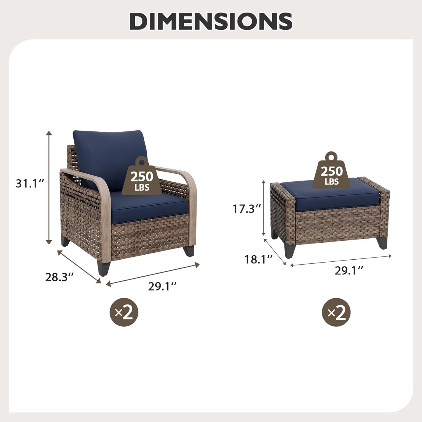 EAGLE PEAK Modern Wicker Outdoor Chair, Patio Chair Curved Armrest, Rattan Patio Furniture for Yard Deck Porch Garden, 2 Chairs 2 Ottomans, 4 Pieces, Brown/Blue