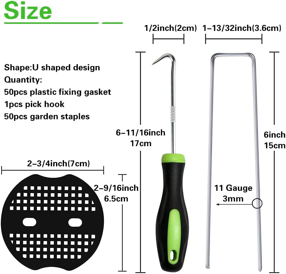 50Pcs Garden Stakes Staples + 50Pcs Gasket, Bakulyor 6 Inch Lawn Landscape Staples 11 Gauge U Shaped Galvanized Landscape Pins, Heavy Duty Yard Ground Pin for Weed Barrier Sod Fabric Decorations - 6"