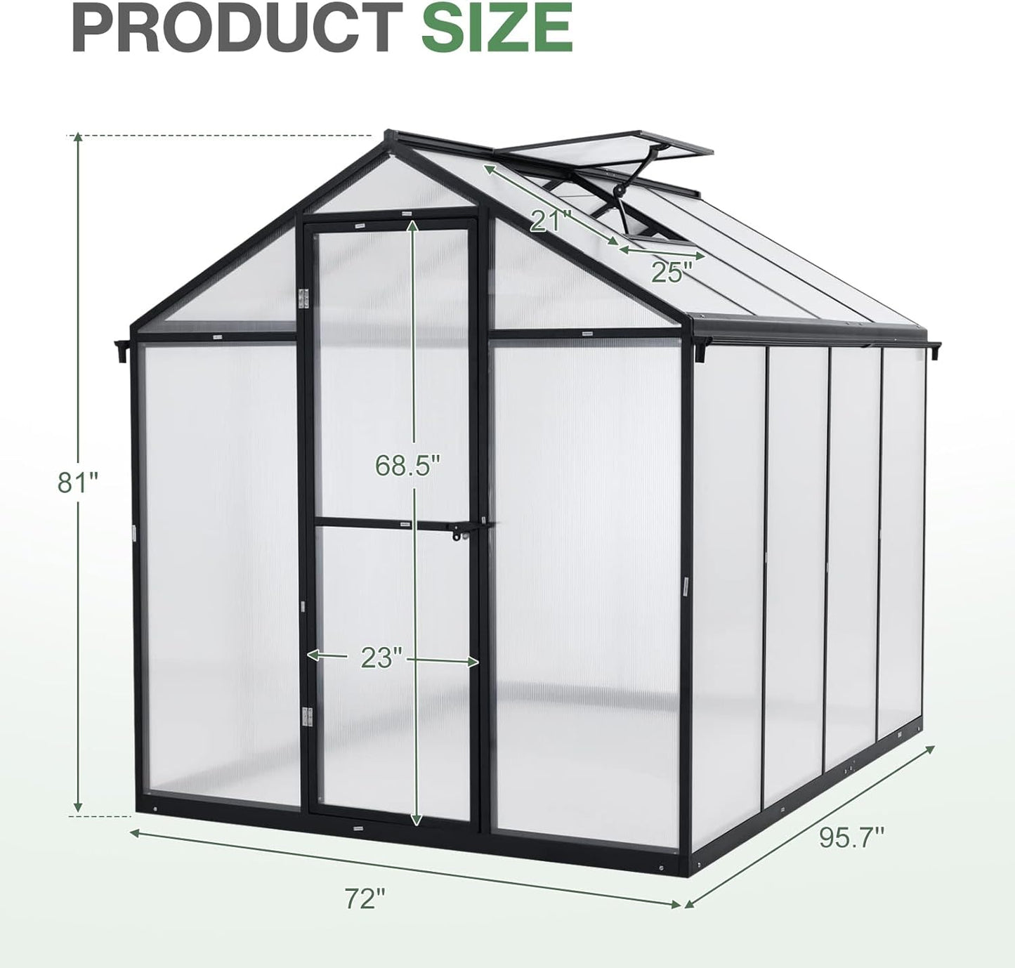Aoodor 6 x 8 Ft Walk-in Greenhouse with Gutter, Polycarbonate and Heavy-Duty Aluminum Frame, Adjustment Skylight and Lockable 2-Sided Door for Patio, Outdoor, Yard, Lawn Use, Black