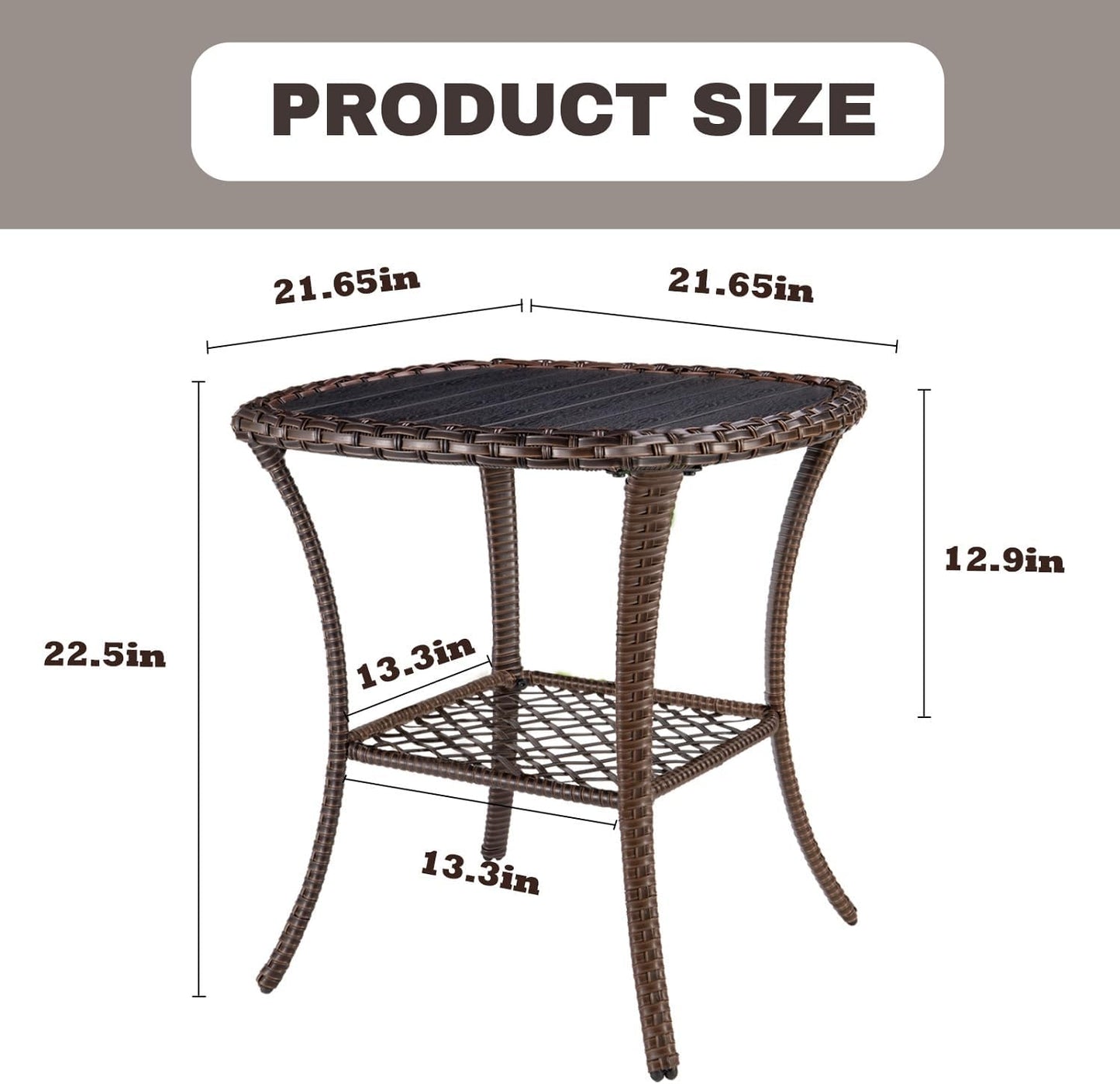 Outdoor Side Table Patio Wicker Coffee Table Outdoor End Table Rattan Bistro Table with Storage & Poly Lumber Table Top Square for Outside Balcony Porch Backyard Deck Brown