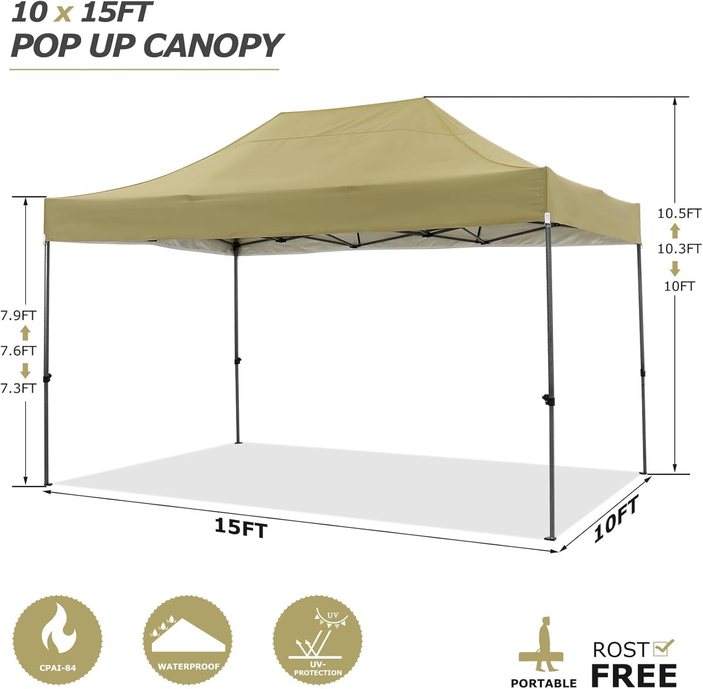 COBIZI 10x15 Pop up Canopy Heavy Duty with 4 Sidewalls, Easy Set-up Commercial Outdoor Party Canopy, 100% Waterproof Wedding Gazebo, 3 Height Adjustable with Handbag, Khaki