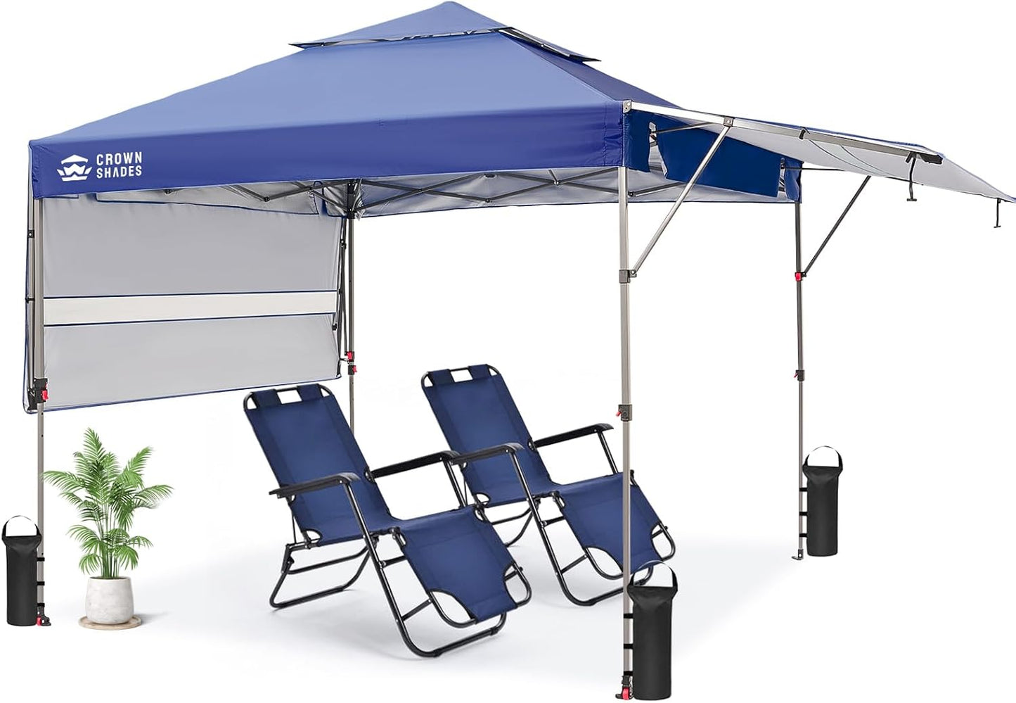CROWN SHADES 10x10 Pop up Canopy Tent Patended Centerlock Instant Commercial Canopy with 150D Silver Coated Fabric Including 2 Extend Awnings, 4 Ropes, 8 Stakes, 4 Weight Bags, Navy Blue