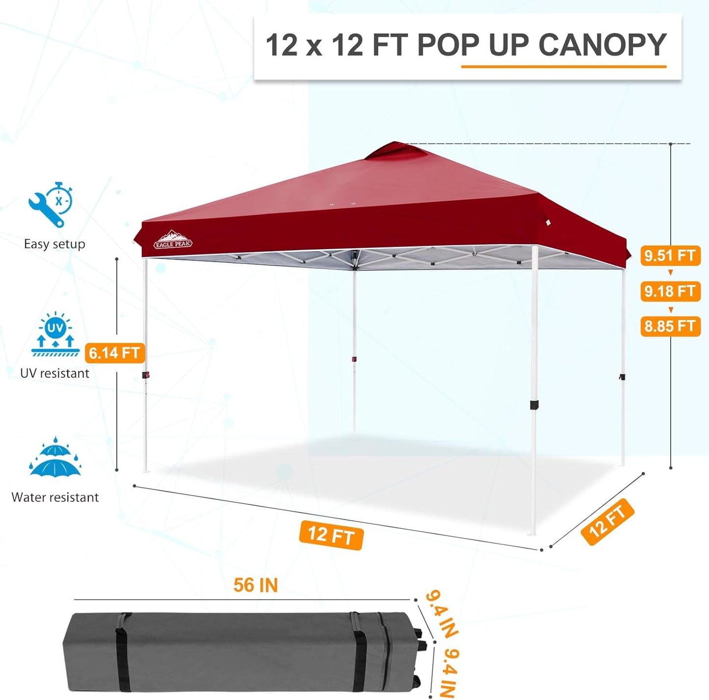 EAGLE PEAK Pop Up Canopy Tent with Wheeled Carry Bag, 8 Stakes, 4 Ropes, 4 Weight Bags, Easy Set Up Tent Canopy, 12x12 ft, 144sqft of Shade, Burgundy
