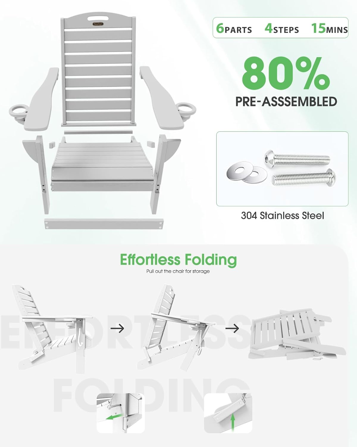 Adirondack Chairs Set of 4, Outdoor Fire Pit Chairs, HDPE All-Weather Adirondack Chairs with Cup Holder, Lawn Chair for Deck, Patio, Garden (White)