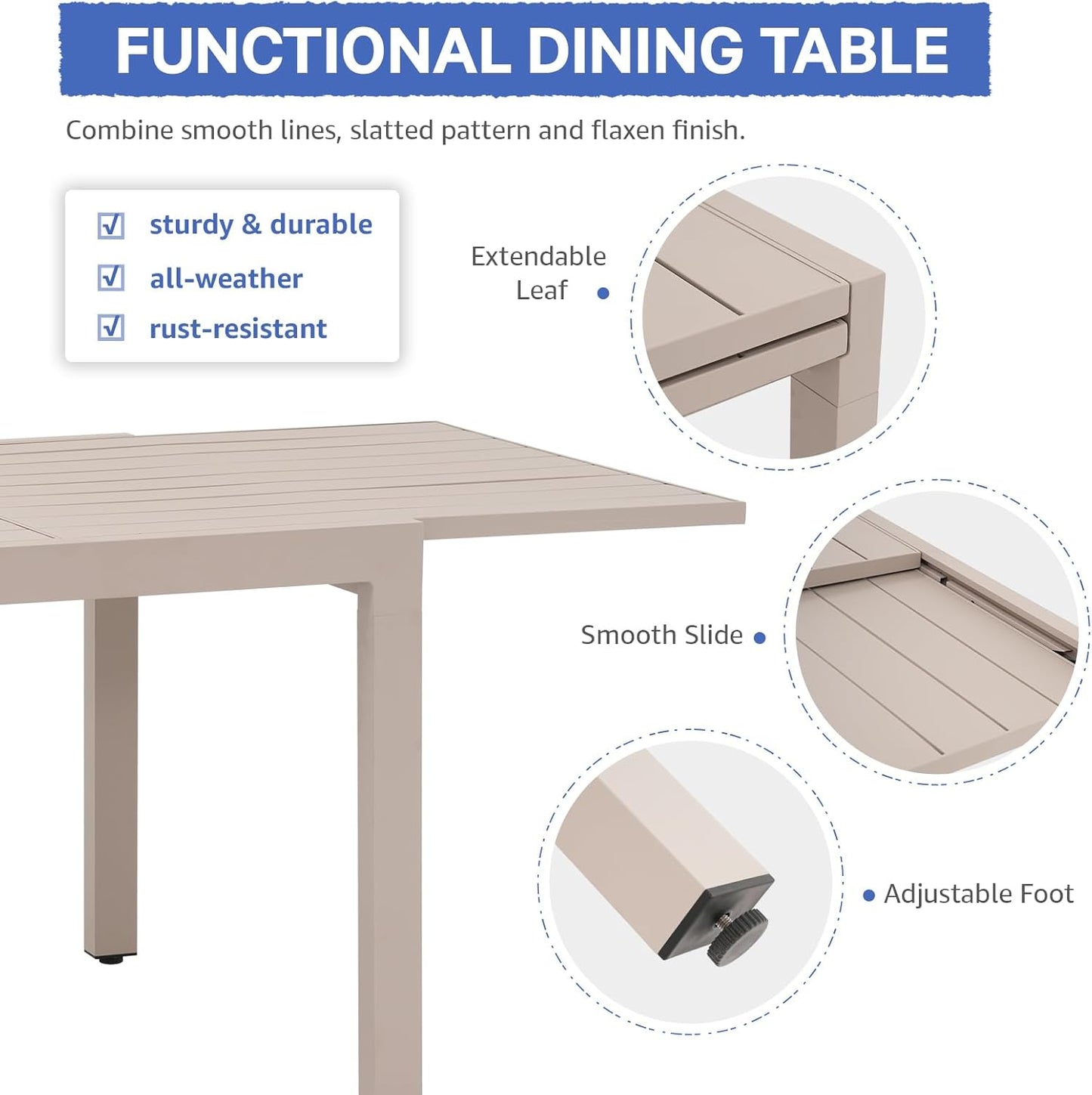 Soleil Jardin Aluminum Patio Extendable Dining Table, 35" - 71", Adjustable Indoor Outdoor Furniture Rectangle Table for 4-6 Person Porch Deck Garden, Flaxen