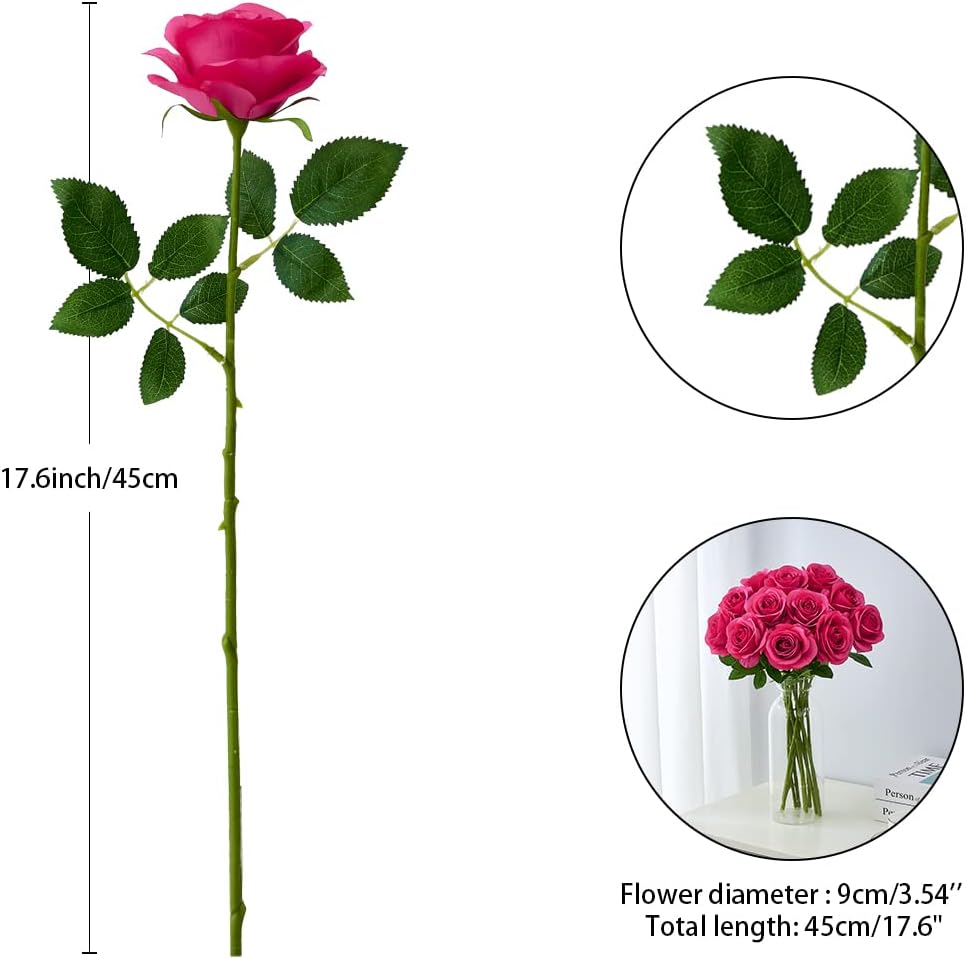 12PC Hot Pink Roses Artificial Flowers Fake Roses Silk Roses Flowers with Long Stems for Wedding Home Party Centerpieces Decorations