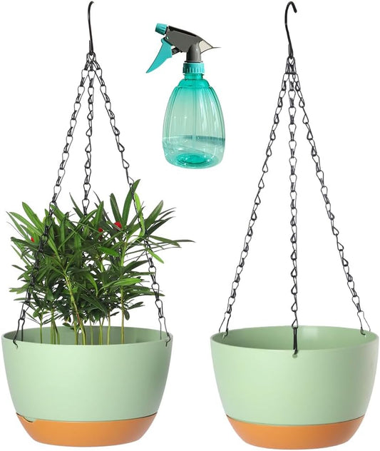 Lookat 2 Pack Plastic Hanging Planters 10 Inch Hanging Pots with Drainage Hole for Indoor Outdoor Plants, Round Hanging Basket with Removable Tray for Home Garden Porch Balcony Patio Decor