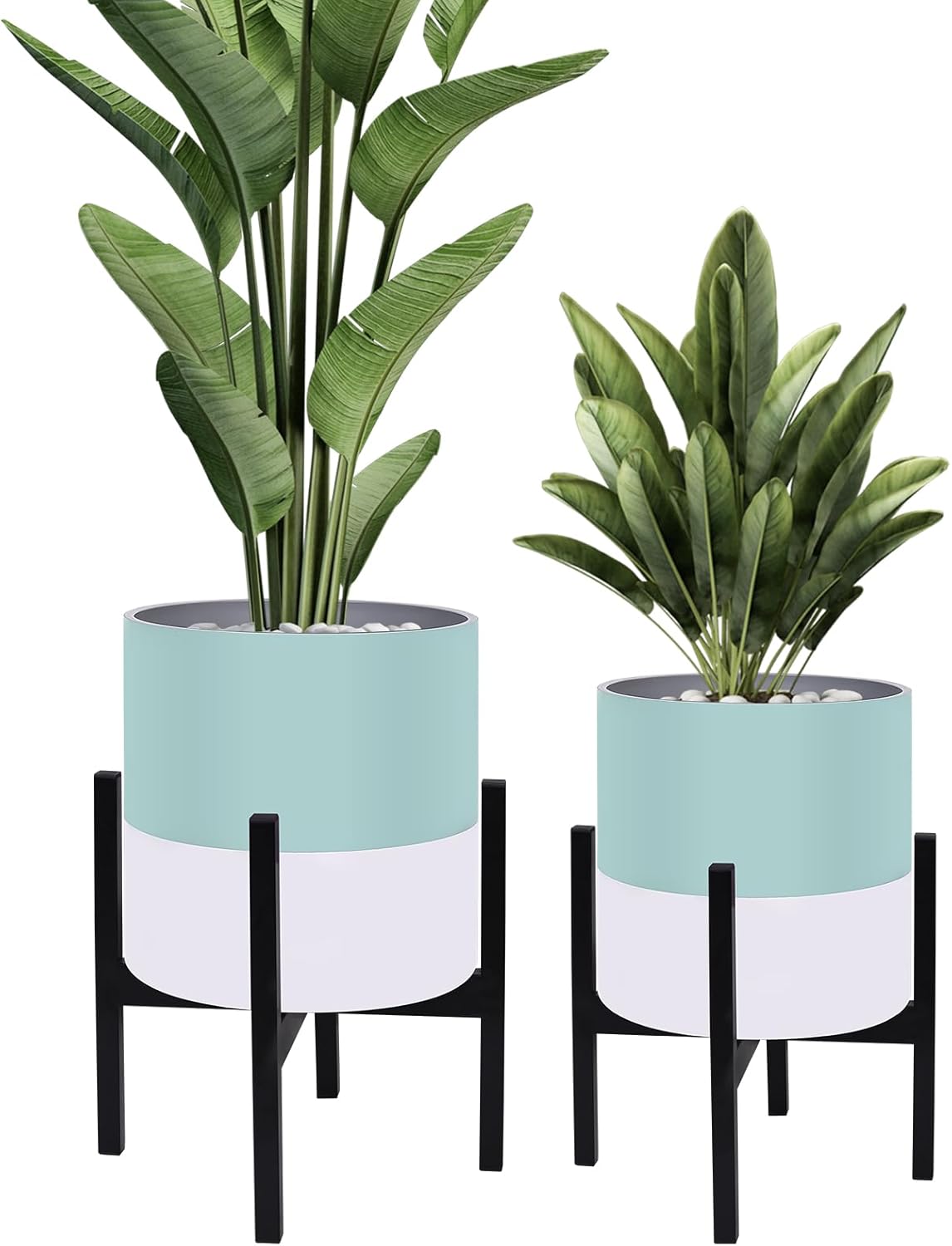 10 & 12 Inches Plant Pots with Stand-Large Indoor Planters with with Drainage Holes,Modern Planting Pots with White and Green Color Matching for Living Room, Office, Garden Or Balcony