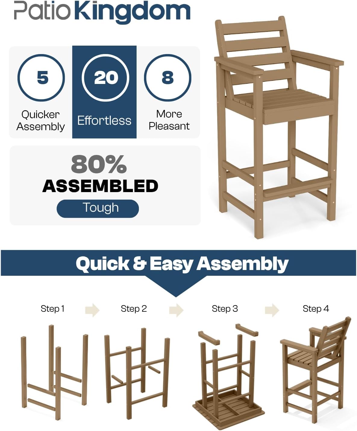 Outdoor Bar Set, 3-Piece HDPE Balcony Set with 2 Tall Adirondack Chairs and Bar Table, All-Weather Bar Height Stools for Patio, Backyard, Poolside (Brown)