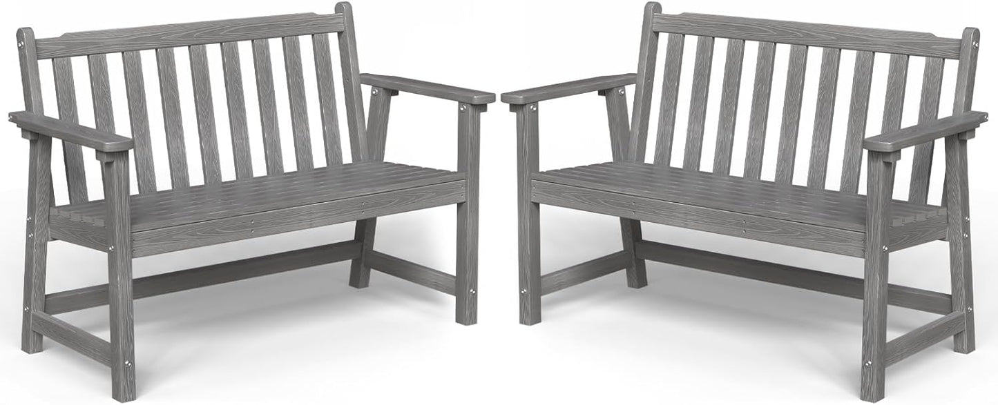 Outdoor Bench, 2-Person HDPE Garden Bench, All Weather Poly Patio Bench for Outdoors, Garden, Backyard, Porch and Park, 550 lbs Weight Capacity, Grey, 2 Pack