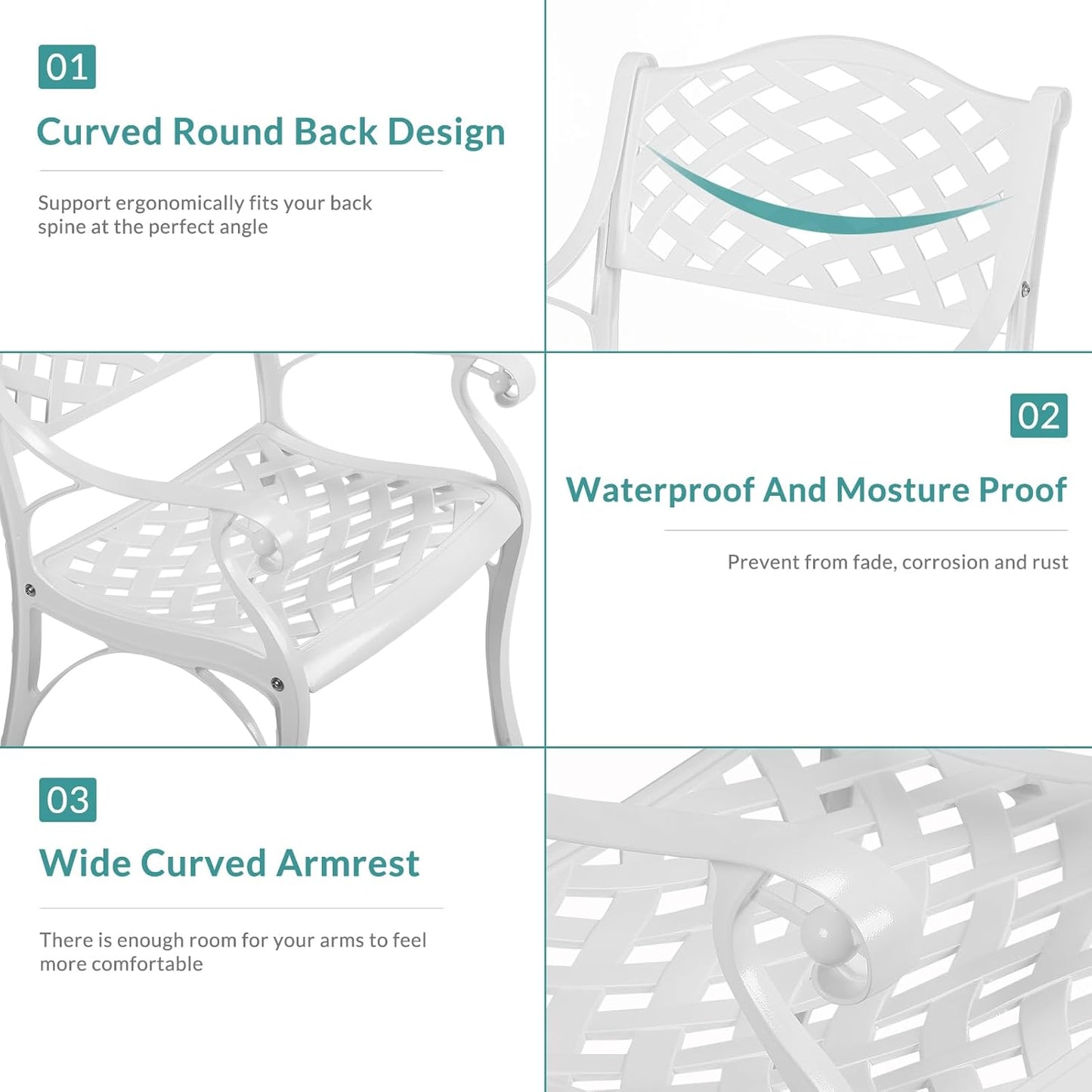 MEETWARM 3 Piece Patio Bistro Set, Outdoor All-Weather Cast Aluminum Dining Furniture Set Includes 2 Chairs and a 31” Round Table with Umbrella Hole for Garden Deck, White