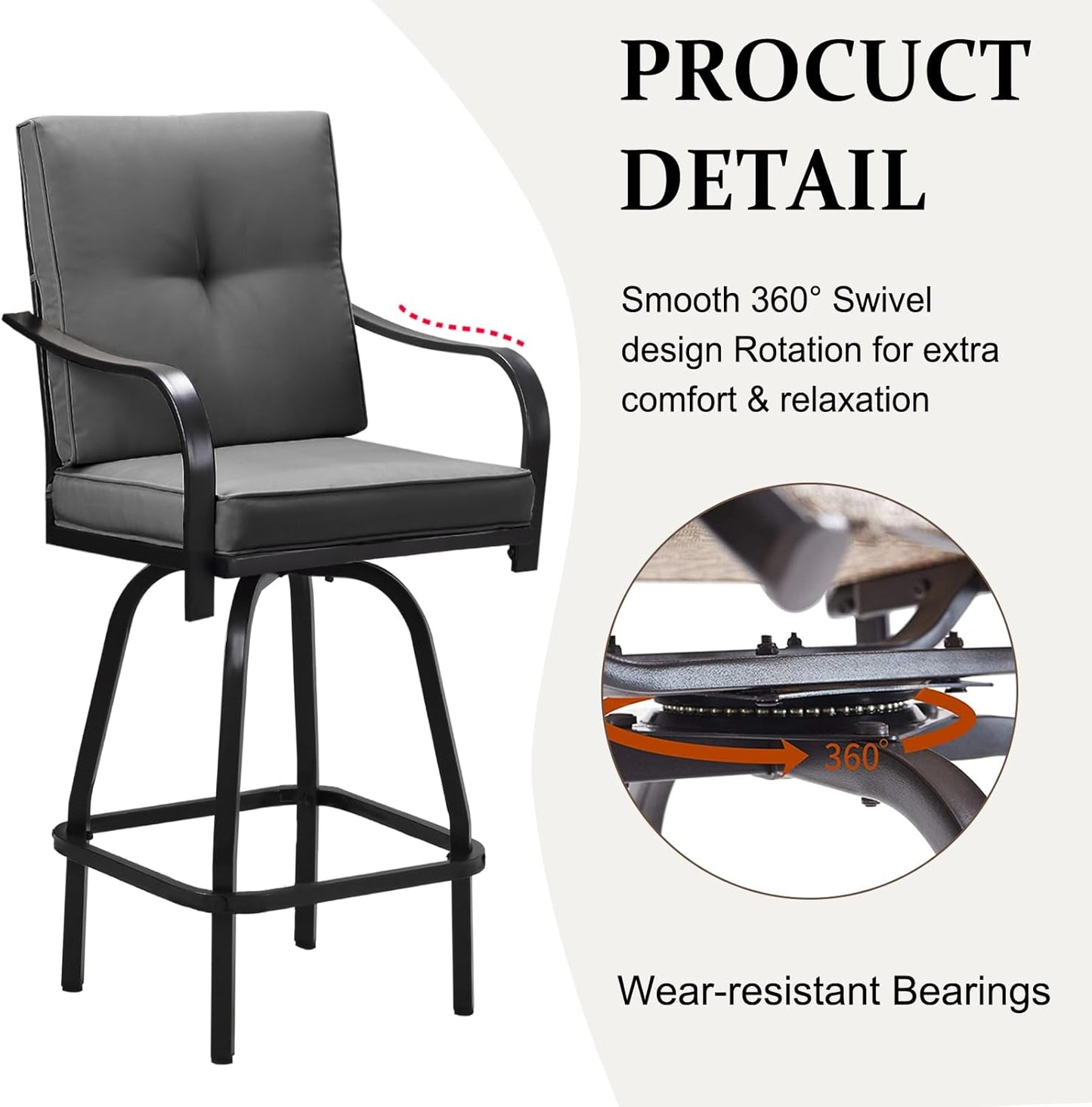 Patio Swivel Bar Stools, Outdoor High Back Swivel Bar Chair Set of 6 with Cushion & All Weather Steel Frame for Backyard, Lawn, Poolside and Balcony, Dark Gray