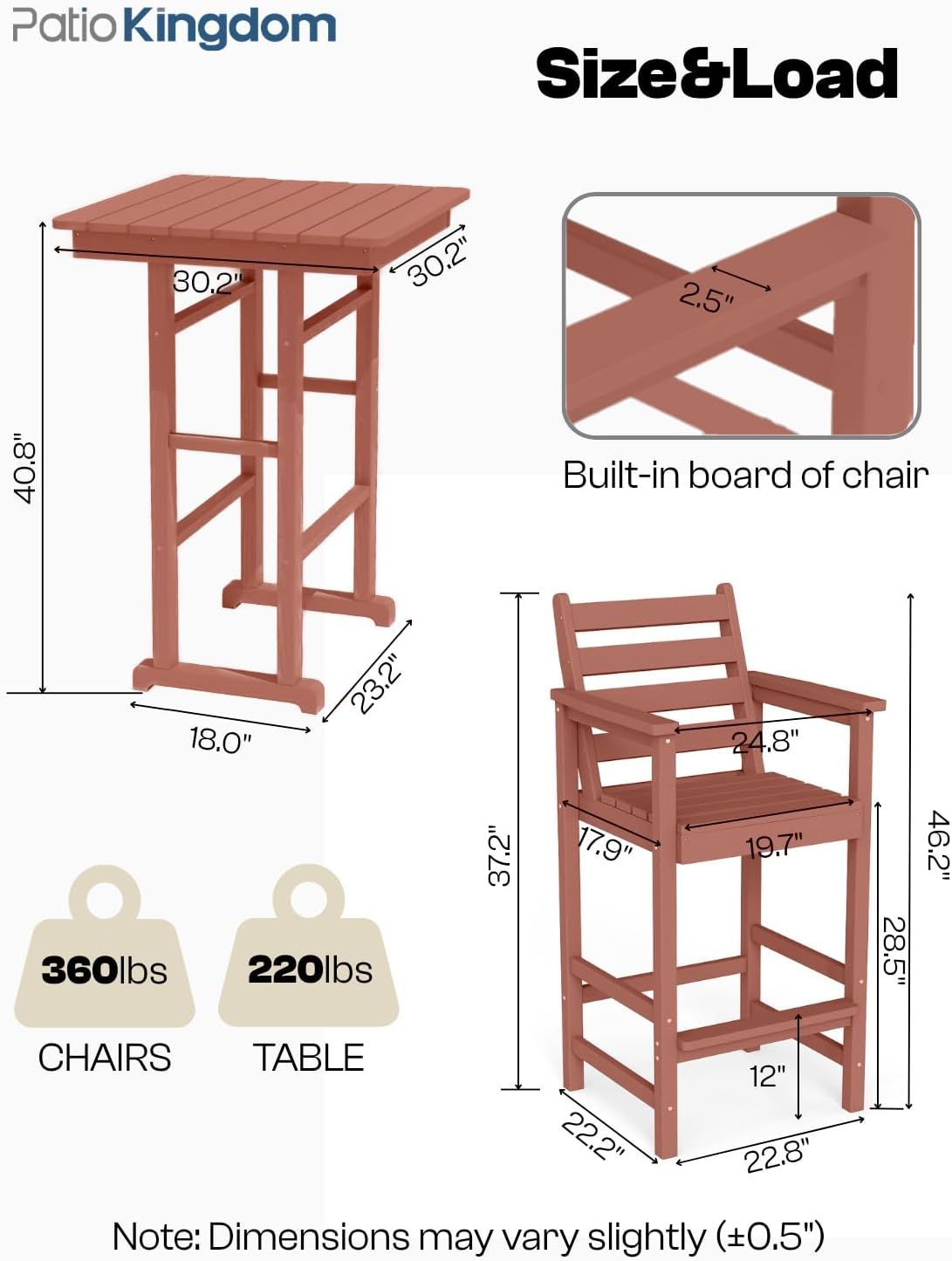 Outdoor Bar Set, 3-Piece HDPE Balcony Set with 2 Tall Adirondack Chairs and Bar Table, All-Weather Bar Height Stools for Patio, Backyard, Poolside (Terracotta)