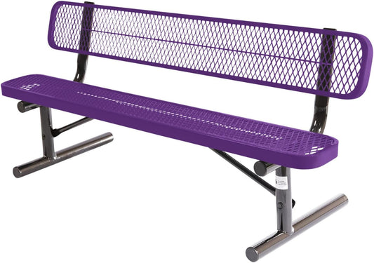 Heavy-Duty Portable Outdoor Bench Thermoplastic Coated, Expanded Metal, Commercial-Grade Seating, Made in America (Portable with Back, 6 Ft, Textured Purple)