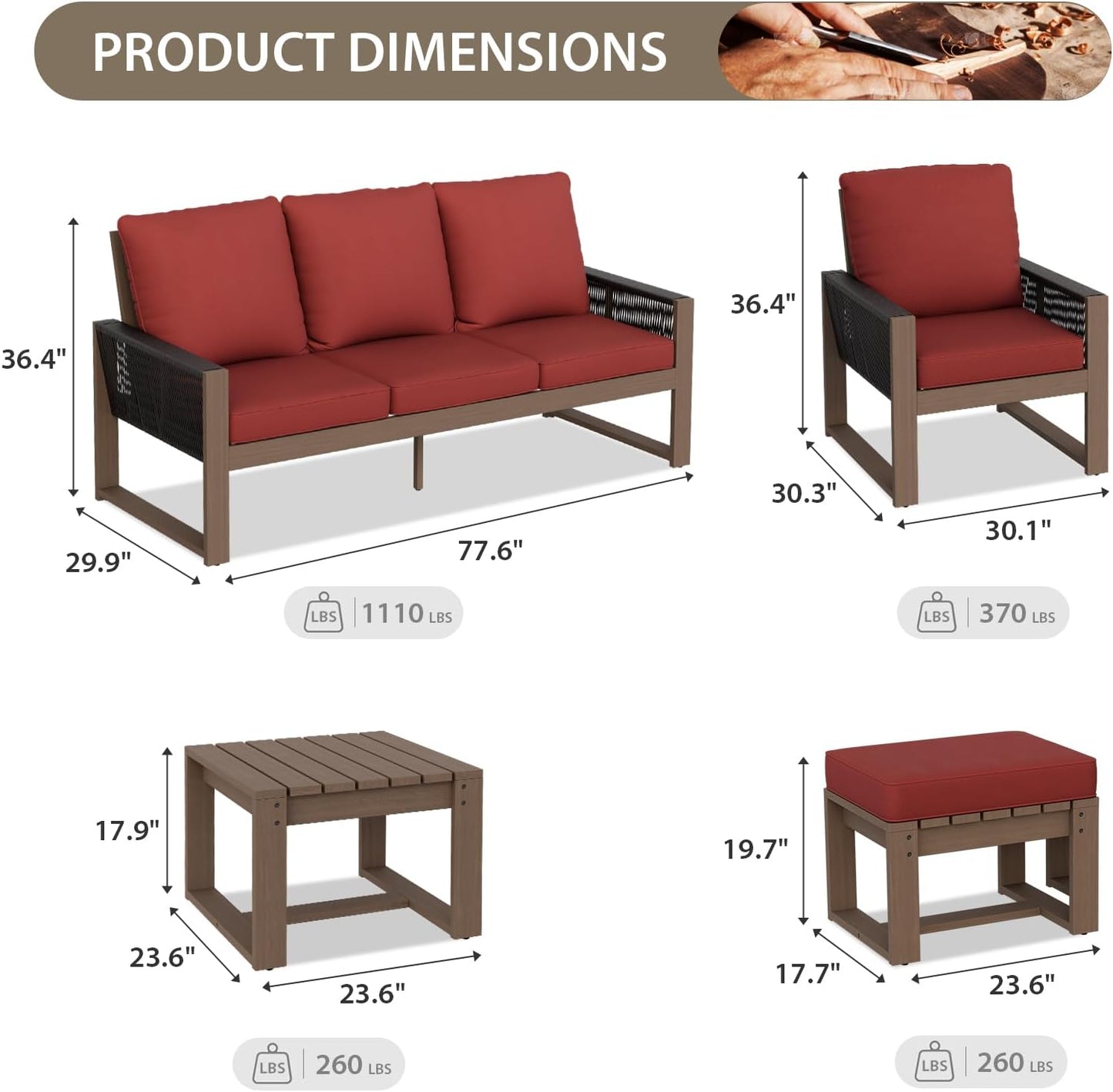 EAGLE PEAK Natural Wood Outdoor Patio Furniture, Cedar Furniture, Conversation Set, Outdoor Seating for Deck Patio Porch, Sofa 2 Chairs 2 Ottomans & Side Table, 6 Pieces, Brown/Red