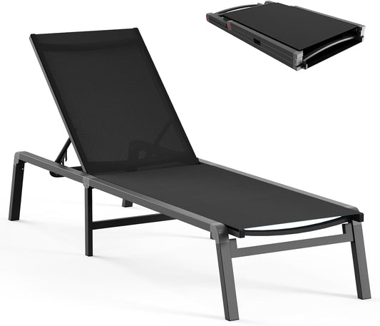 Aluminum Chaise Lounge Ourdoor - Foldable & Assemble Free Outdoor Lounge Chair with 5 Adjustable Backrest, Patio Lounge Chair for Outside Poolside Beach Pool, Black