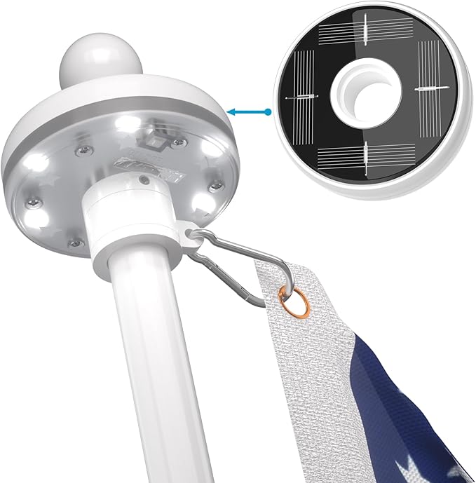 ZMTECH Flag Pole with Solar Light - Adjustable Bracket, 6 FT Stainless Steel Flag Poles for Outside House, Garden or Yard, Tangle Free Flagpole Kit for American Flag (Without Flag, White)