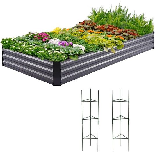 Quictent Galvanized Raised Garden Bed 8x4x1 Ft Metal Planter Box for Vegetables Bottomless for Backyard, 2 Tomato Cages Included, Dark Grey