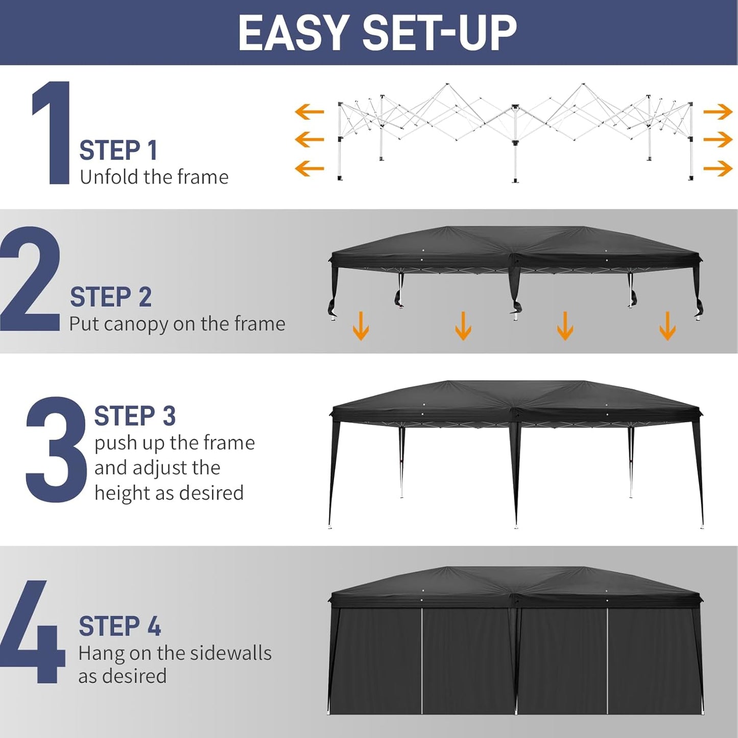 Outvita 10x20ft Pop Up Canopy Tent, Outdoor Instant Shelter Folding Canopy with 6 Side Walls and Carry Bag for Commercial Events, Party, Backyard BBQ, Camping Black