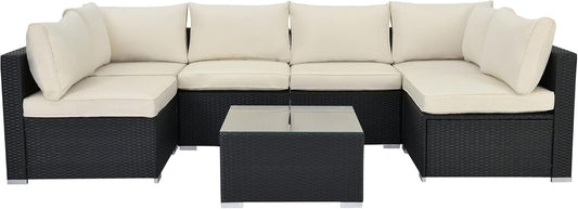 7-Piece Patio Furniture Set - Outdoor Sectional Sofa Set with Cushions and Glass-Top Coffee Table for Gardens, Poolside, Backyards and Porches, Black/Beige
