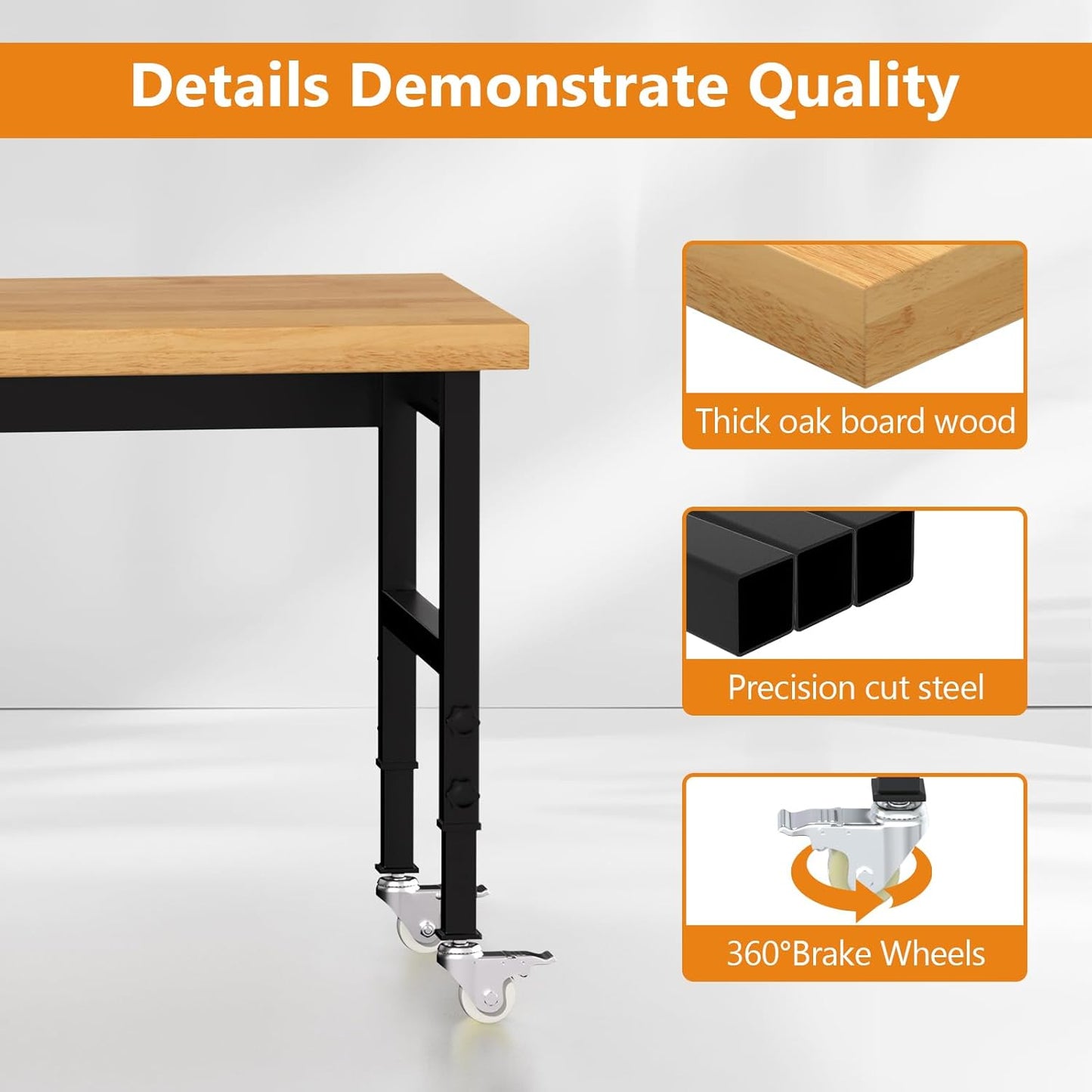 48" Work Bench, Heavy-Duty Solid Wood Workbench, Adjustable Height Work Table, 2000 LBS Capacity Workstation for Garage, Workshop, Home, Office (48" X 24")