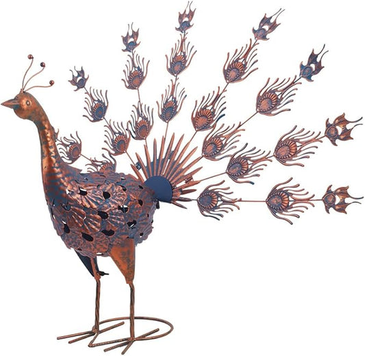 VEWOGARDEN Peacock Outdoor Statues Metal Peacock Tail Spread Garden Sculptures & Statues for Yard Lawn Patio Pool Outside Decorations, Blue & Bronze