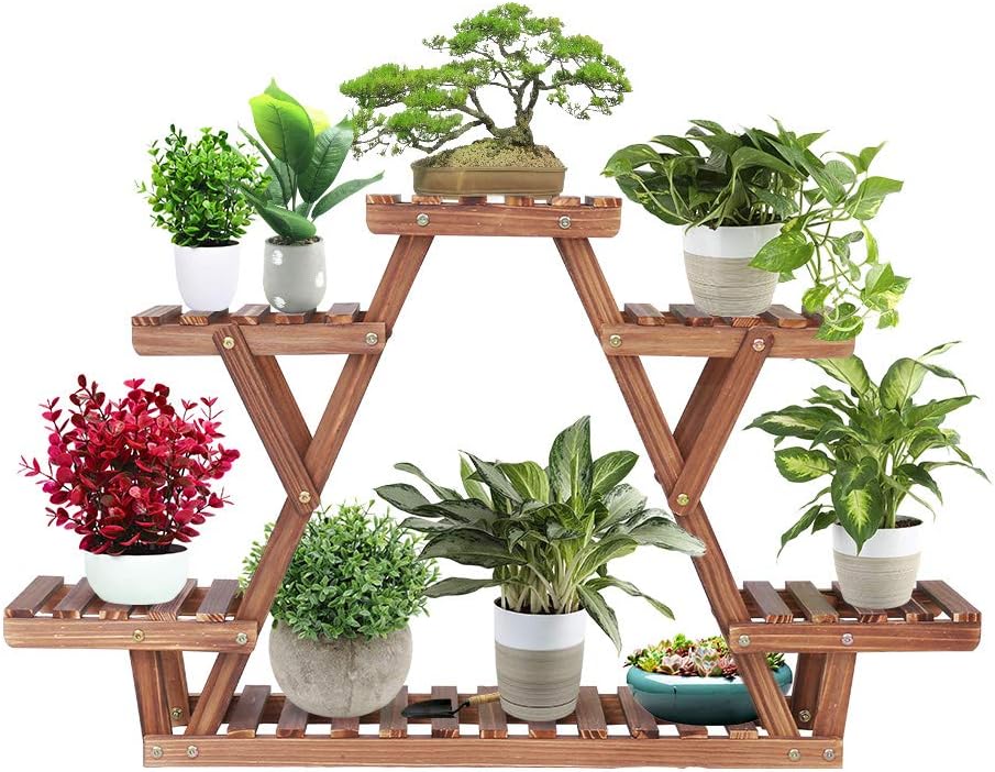 Ufine Wood Plant Stand Triangular Plant Shelf Multi Tier Flower Display Holder Storage Rack 6 Pots for Indoor Outdoor Living Room Balcony Patio