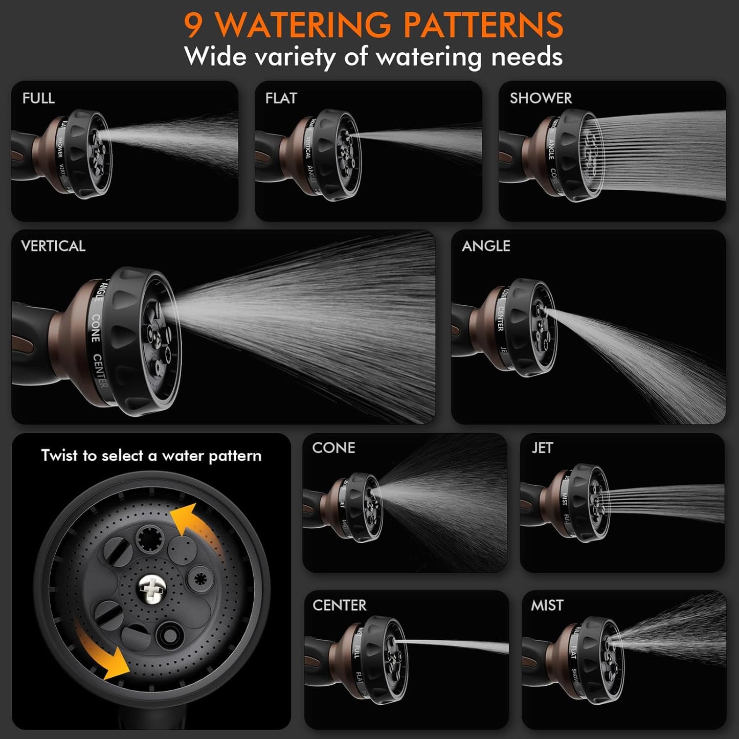 RESTMO Hose Nozzle Heavy Duty, Metal Water Hose Sprayer for Garden, 9 Spray Patterns | High Pressure | Thumb Flow Control | On/Off Valve, Ideal for Outdoor Lawn & Plant Watering, Car & Pet Washing