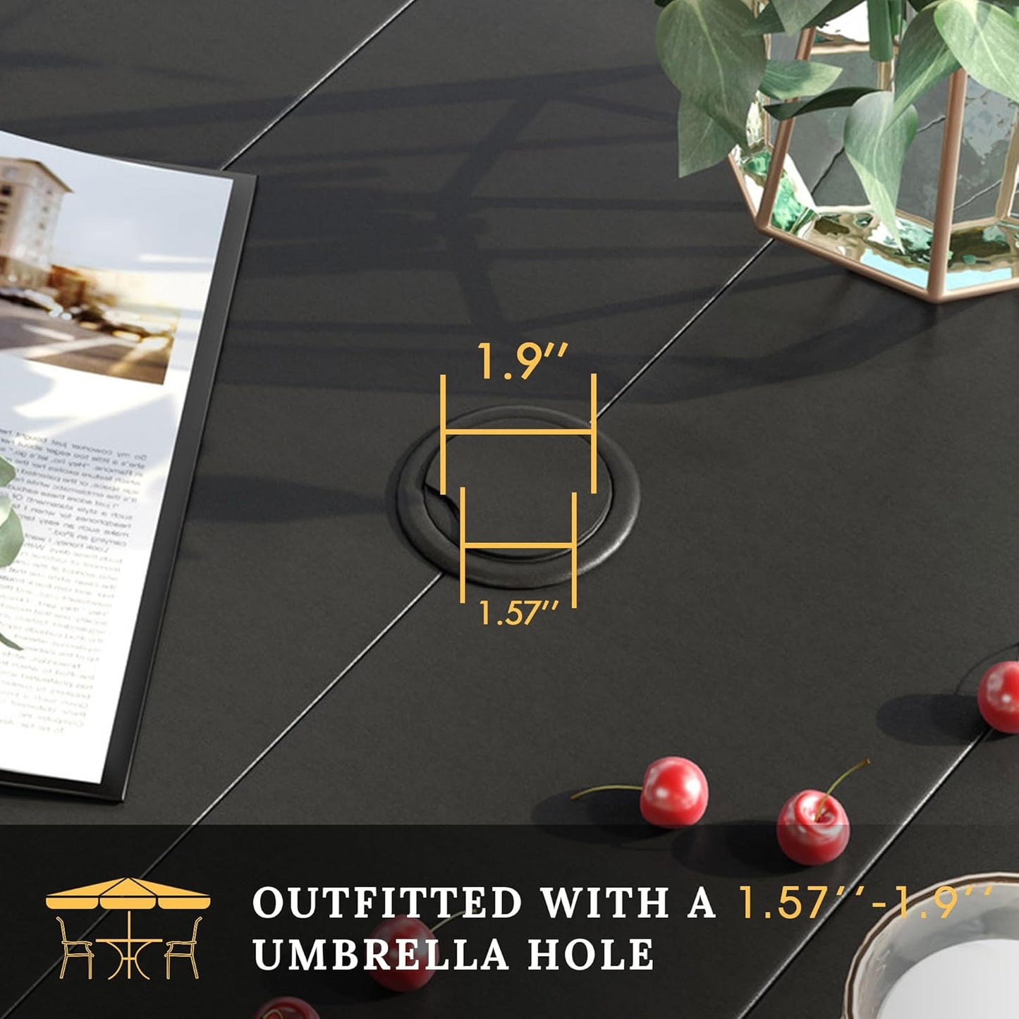 VICLLAX 63" Rectangle Patio Dining Table for 6, Outdoor Furniture Table with Umbrella Hole, All Weather 6 Person Metal Patio Table, Black Tabletop