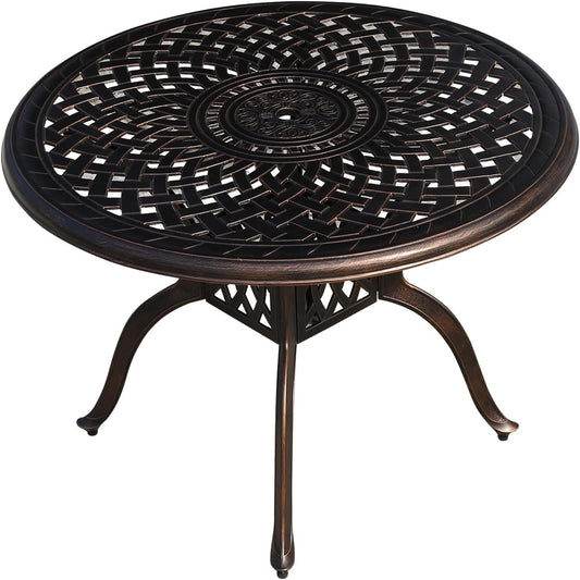 Outdoor Table Cast Aluminum Round Patio Table with Umbrella Hole All Weather Outdoor Dining Tables for Lawn Garden Backyard (106cm Woven Round Table)