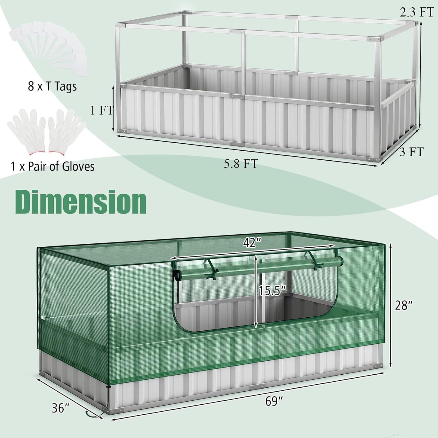 S AFSTAR Galvanized Raised Garden Bed with Greenhouse, 69” x 36” x 28” Bottomless Flower Bed w/Large Roll-up Window, 8PCS T Tags & Gloves, Outdoor Rectangular Planter Box Kit for Herb Vegetable Fruit