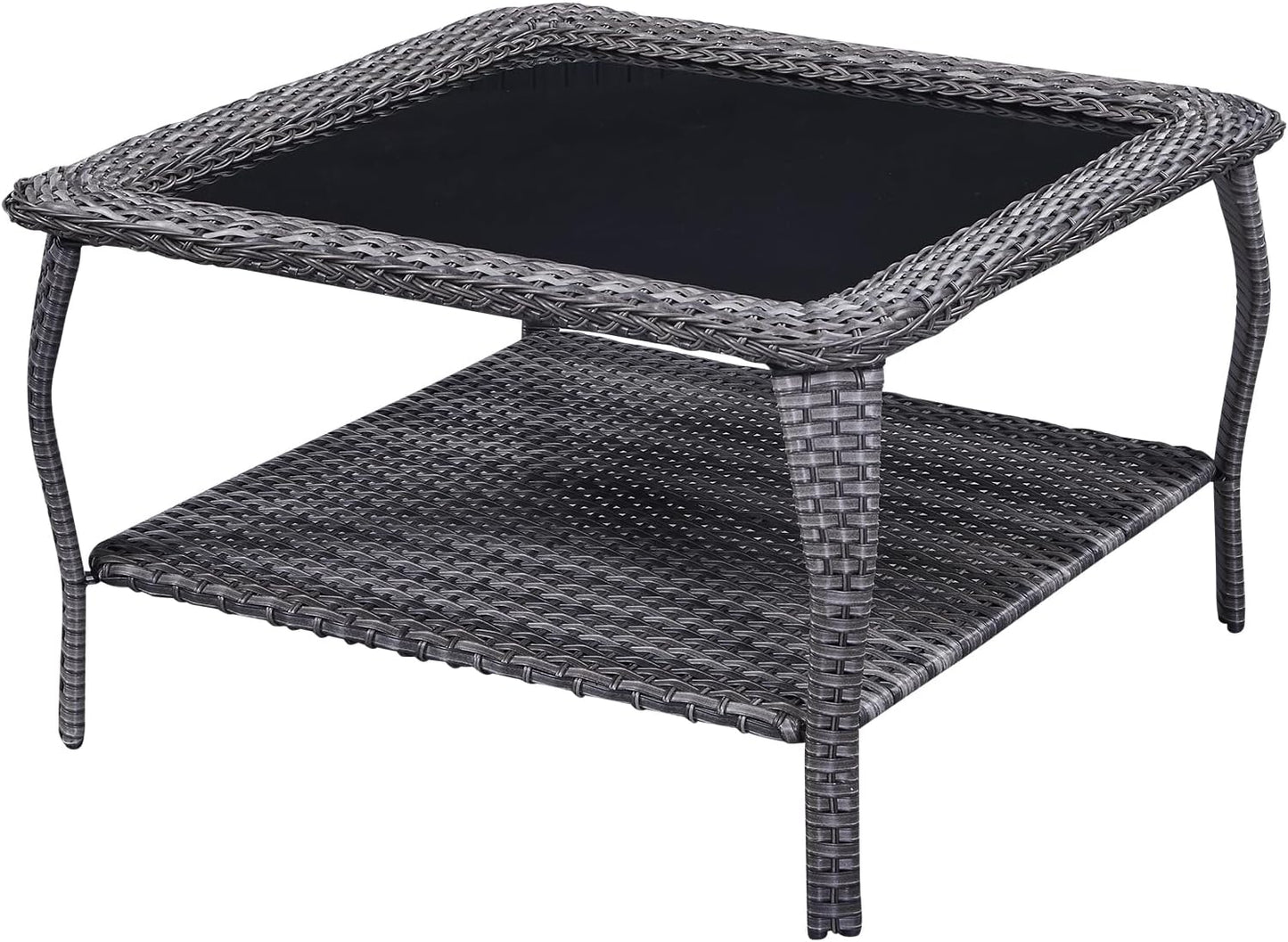 Patio Tables Outdoor Coffee Table - Wicker Rattan Coffee Tables with 2-Tier Storage Shelf Glass Top for Proch Deck Balcony Garden Squre Mixed Grey