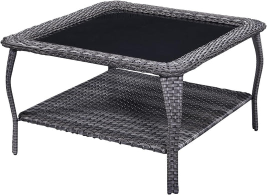Patio Tables Outdoor Coffee Table - Wicker Rattan Coffee Tables with 2-Tier Storage Shelf Glass Top for Proch Deck Balcony Garden Squre Mixed Grey
