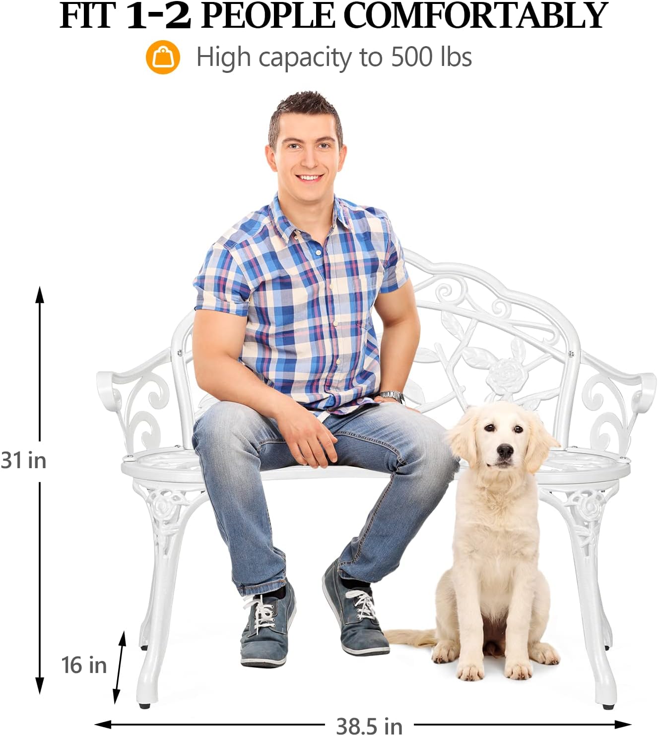 VINGLI 38.5" Patio Park Garden Outdoor Metal Rose Bench,Cast Iron Cast Aluminium Frame Antique Finish Chair,Accented Lawn Front Porch Path Yard Decor Deck Furniture for 2 Person Seat（White