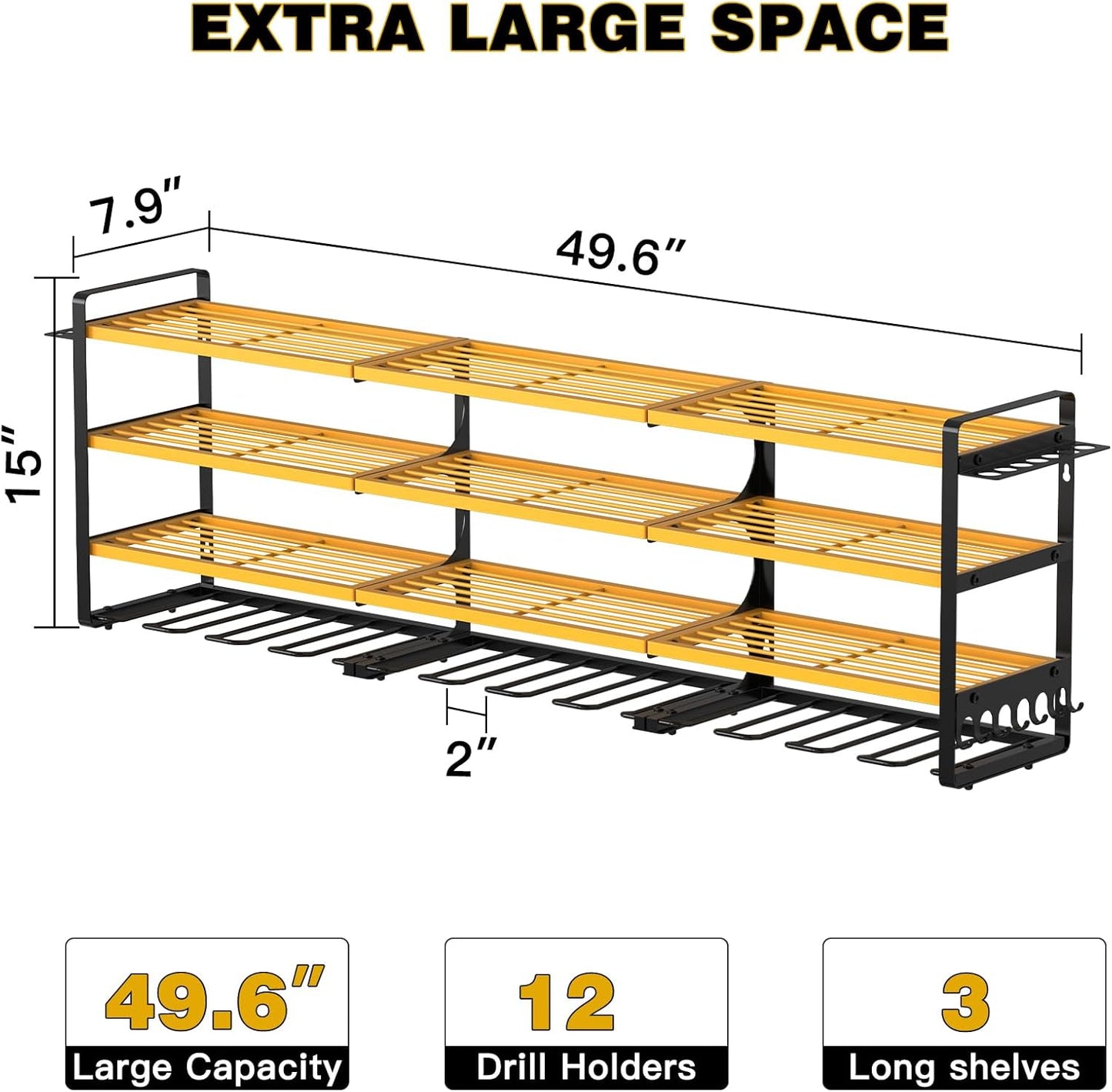 48" Large Power Tools Organizer Wall Mount,12 Drill Holder for Garage, Workshop Heavy Duty Storage Rack (Yellow)