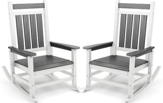 SERWALL Outdoor Rocking Chair Set of 2, HDPE Rocking Chairs for Adult, All Weather Porch Rockers for Lawn Garden, Gray & White