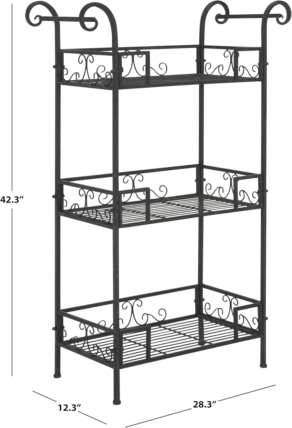 SAFAVIEH Outdoor Collection Noreen Victorian Scroll Antique Black Iron 3-Tier Shelf
