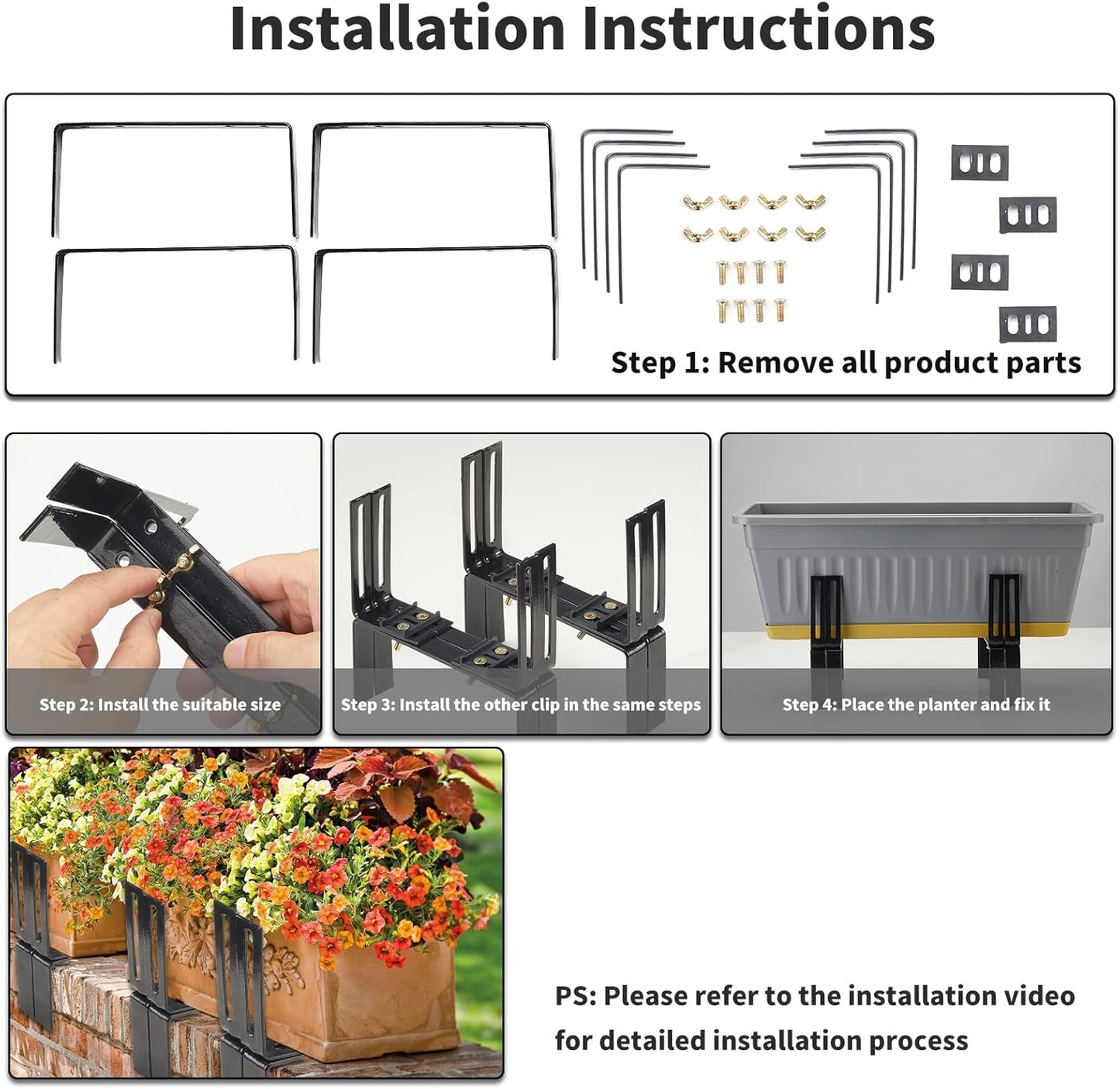 Deck Railing Planter Stand 2 Pack, Retractable Flower Box Deck Stand, 2 Pair of Deck Balcony Brackets for 5-11 inch Rail, Carbon Steel Production
