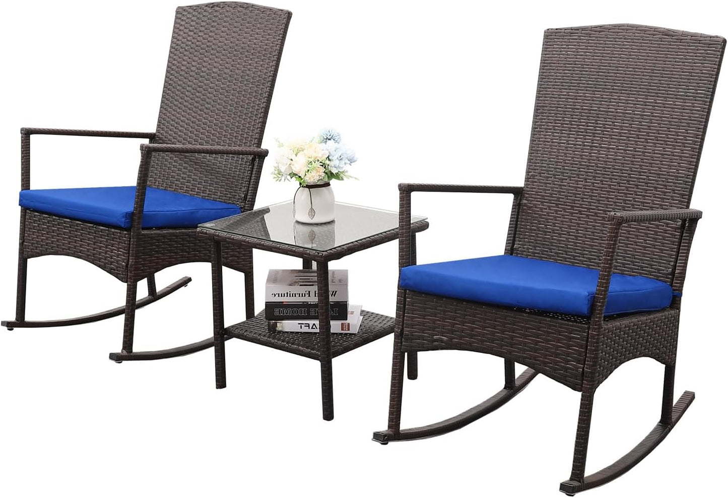 Rocking Chair Outdoor 3 Pieces High-Backed Patio Rocking Chairs Bistro Table and Chairs Set of 2, Royal Blue