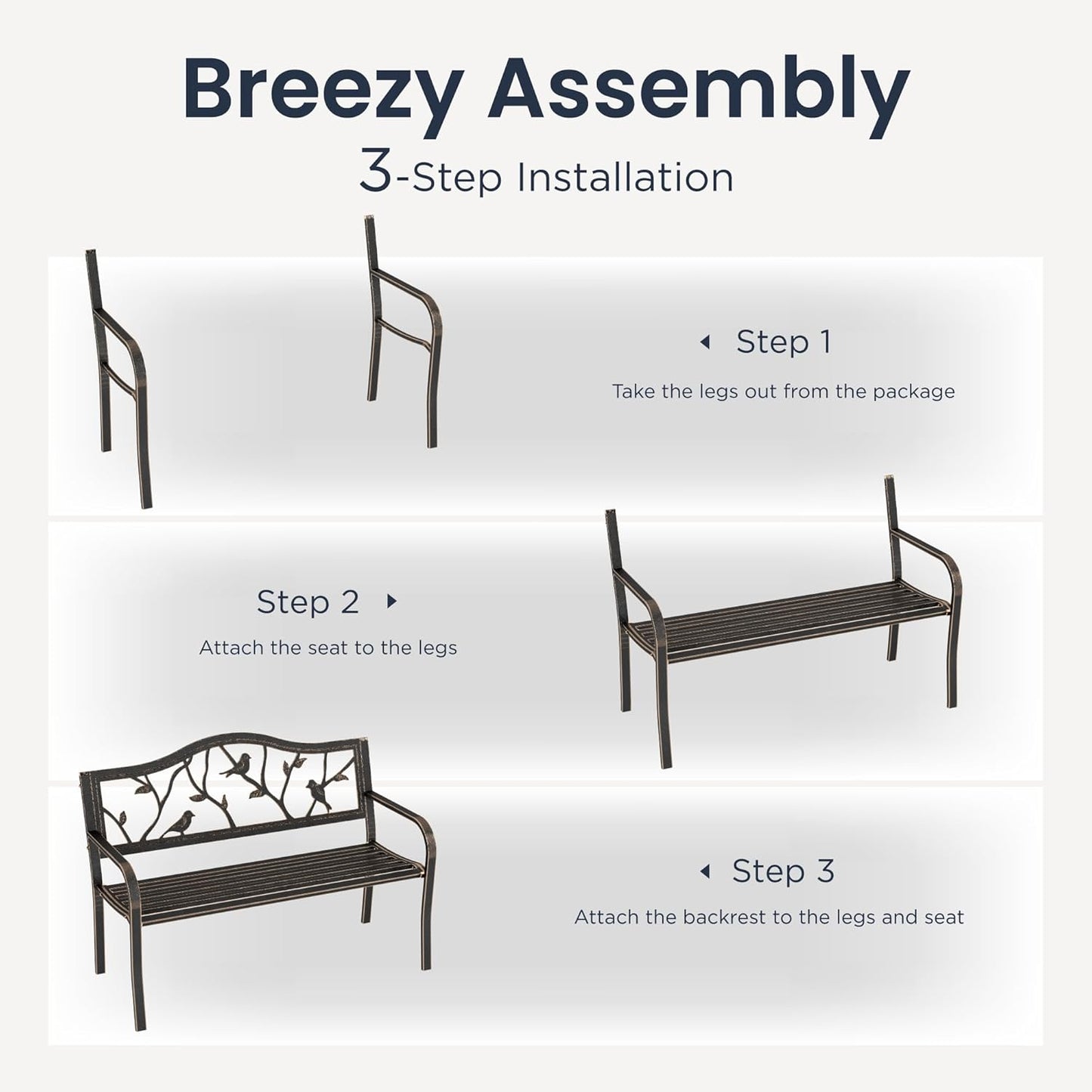 PHI VILLA Outdoor Garden Park Bench Patio 50" Metal Bench, Steel Frame Bench with Backrest and Armrests for Porch, Lawn, Balcony, Backyard and Indoor, Bronze