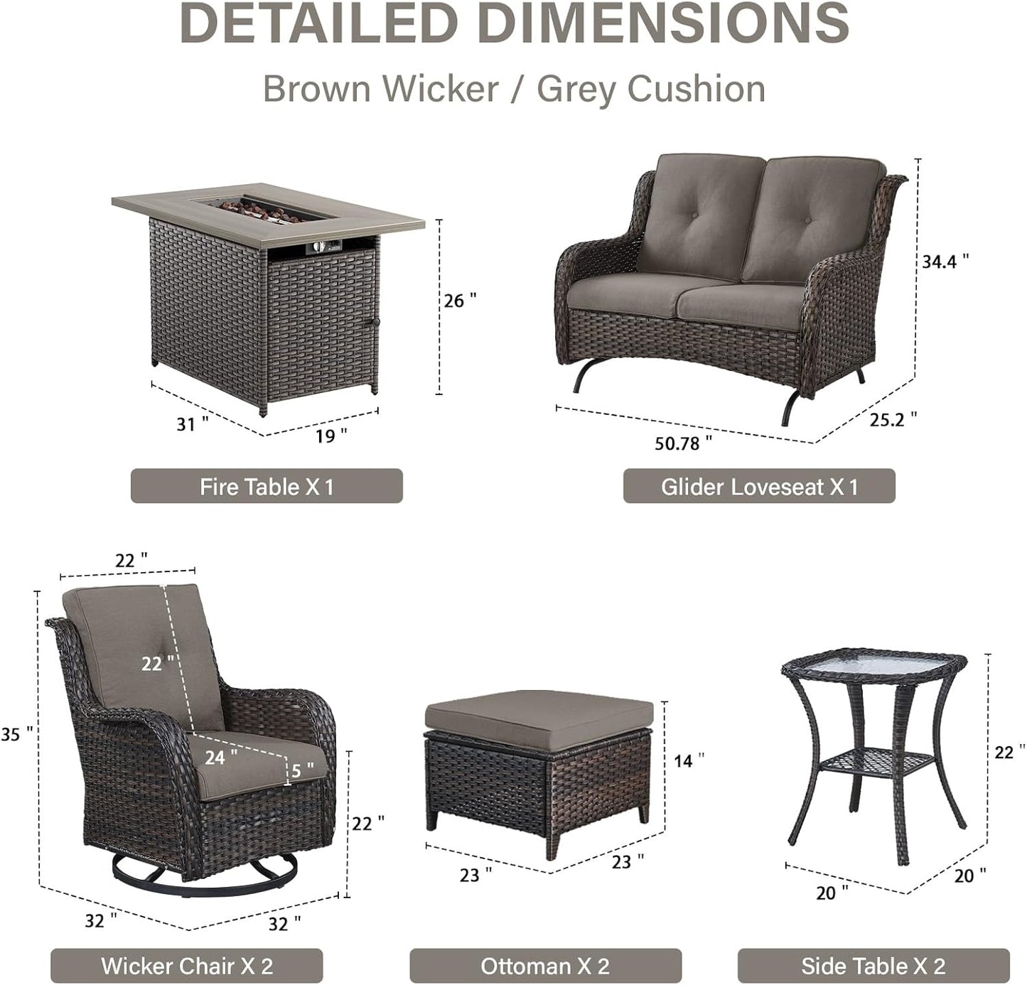 8 Piece Outdoor Patio Furniture Set - 41" CSA Propane Fire Pit Table Patio Conversation Set with Swivel Rocker Outdoor Chairs, Wicker loveseat and Ottoman for Outside Casual Gathering