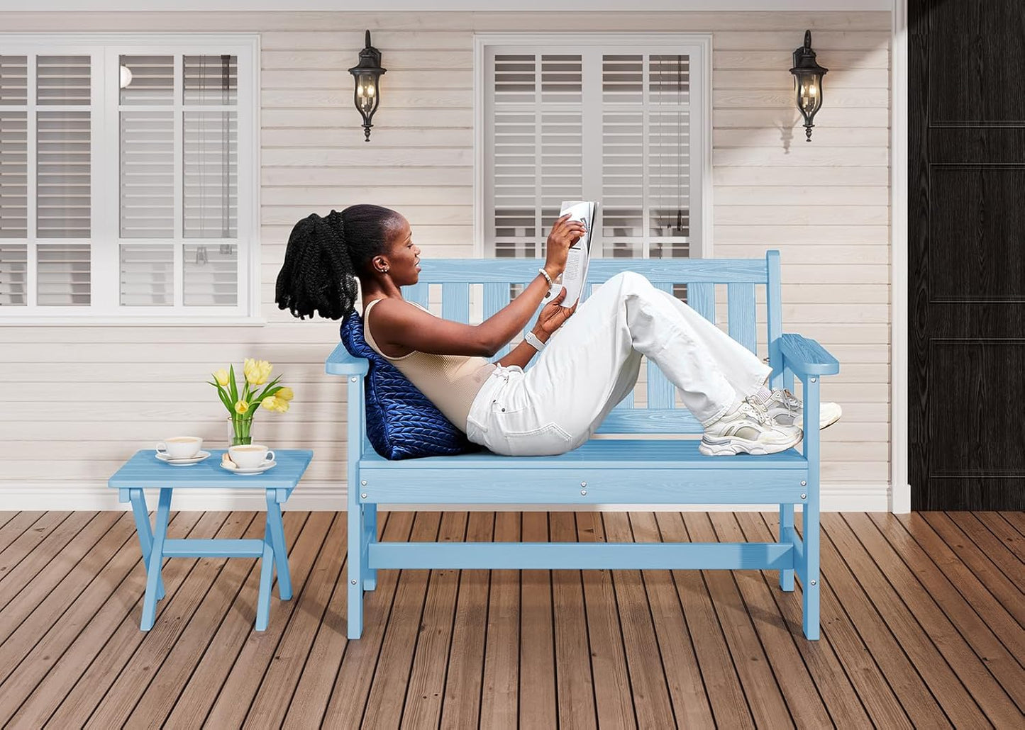 SERWALL Outdoor Bench, HDPE Outdoor Benches Weatherproof, 2-Person Garden Bench with 660 lbs Weight Capacity, Patio Benches for Outdoors, Garden, Porch, Backyard and Park, Light Blue, 4 Pack