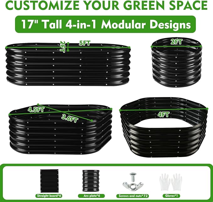 17" Tall Outdoor Garden Raised Garden Bed Kits, 5ft X 2ft Oval,0.8MM Thick Metal Raised Planter Bed/Ground Planter Box for Variety of Flowers,Herbs,Vegetables (Black, 60X24X16.5 Inches)